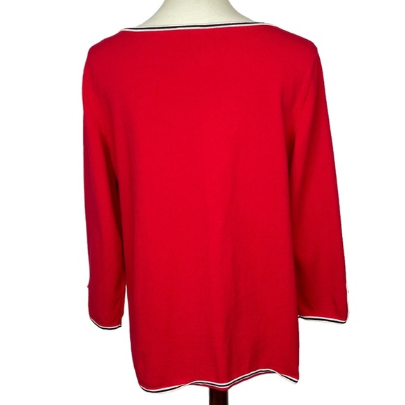 Talbots Sweater Women Large Red Fine Knit Black Stripe Pearl Button Trim Stretch - Picture 3 of 12